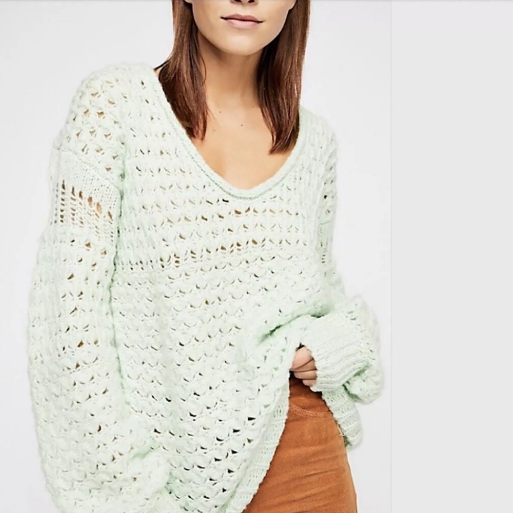 FREE PEOPLE Crashing Waves Loose Knit Mint Green Sweater NWT - Picture 8 of 13